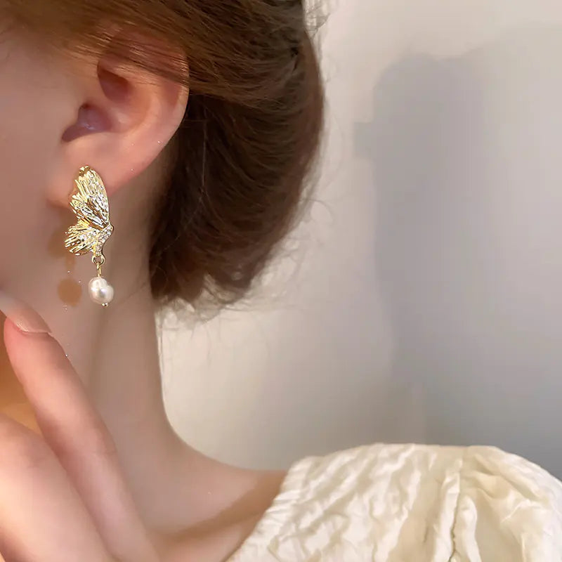 Butterfly Pearl Drop Earrings, Rose Gold-Tone Plated