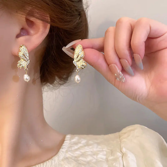 Butterfly Pearl Drop Earrings, Rose Gold-Tone Plated